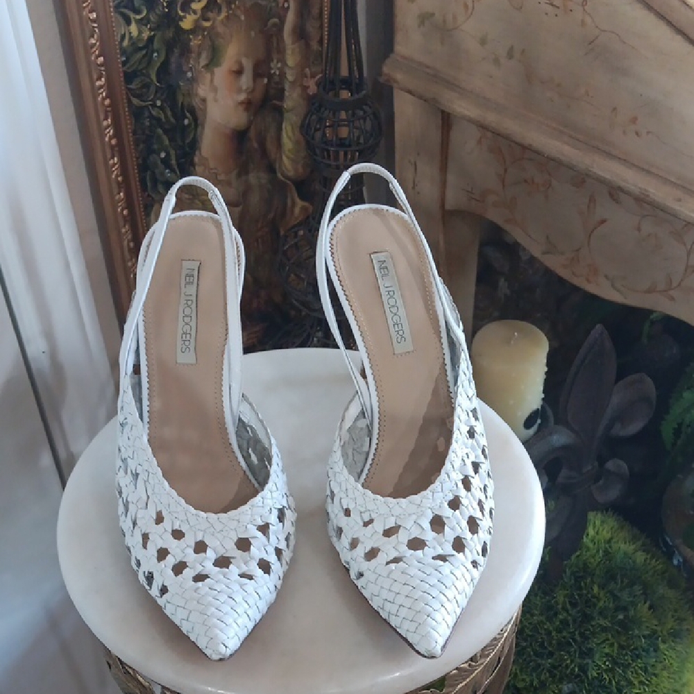 Neil J. Rodgers Hannah White Woven Leather Slingback Pumps Heels Sz 8.5